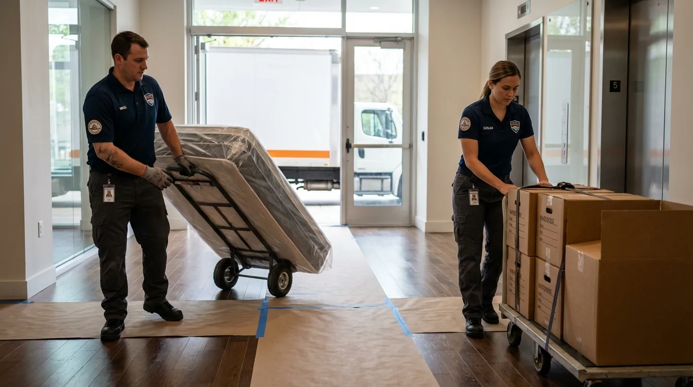 Professional apartment movers loading elevator in Clarendon, TX